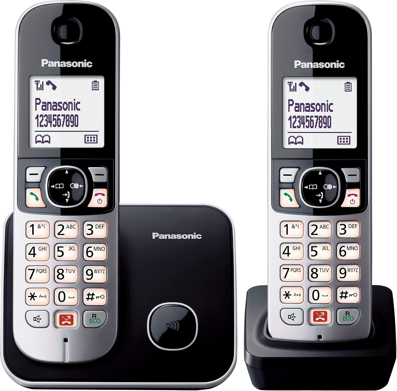 Panasonic KX-TG6852JTB Telefono Cordless Digitale, Unità Base e 2 Ricevitori, ID Chiamante, Blocco Chiamate Indesiderate, Suoneria Categoria, Display LCD, Tastiera Illuminata, Nero senza segreteria te