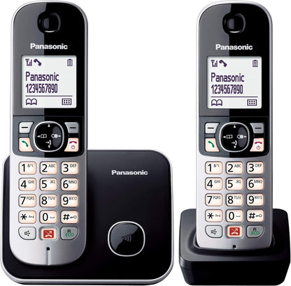 Panasonic KX-TG6852JTB Telefono Cordless Digitale, Unità Base e 2 Ricevitori, ID Chiamante, Blocco Chiamate Indesiderate, Suoneria Categoria, Display LCD, Tastiera Illuminata, Nero senza segreteria te