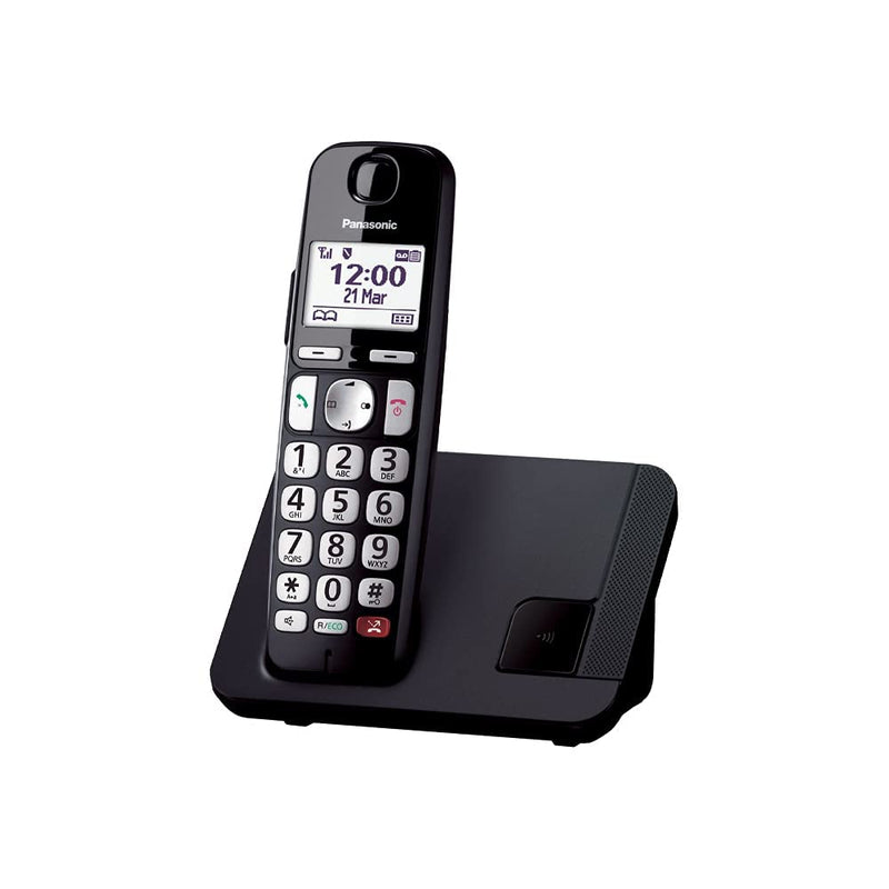 Panasonic KX-TGE250JTB Telefono Cordless Digitale, Unità Base e Ricevitore Singolo, ID Chiamante Parlante, Blocco Chiamate Indesiderate, Compatibile con gli Apparecchi Acustici, Display LCD, Nero Senza Segreteria Telefonica