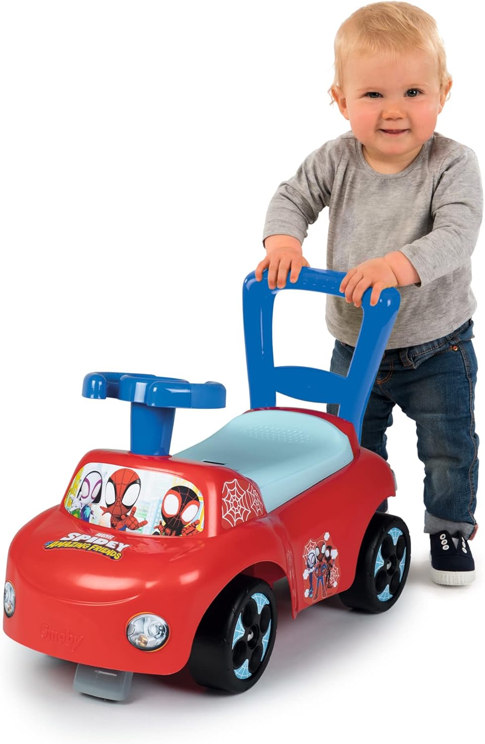 Smoby - Spidey Andador y Correpasillos- Todo en Uno, Sistema Antivuelco, Área de Almacenamiento Bajo el Asiento, para Niños a Partir de 10 Meses (7600720508