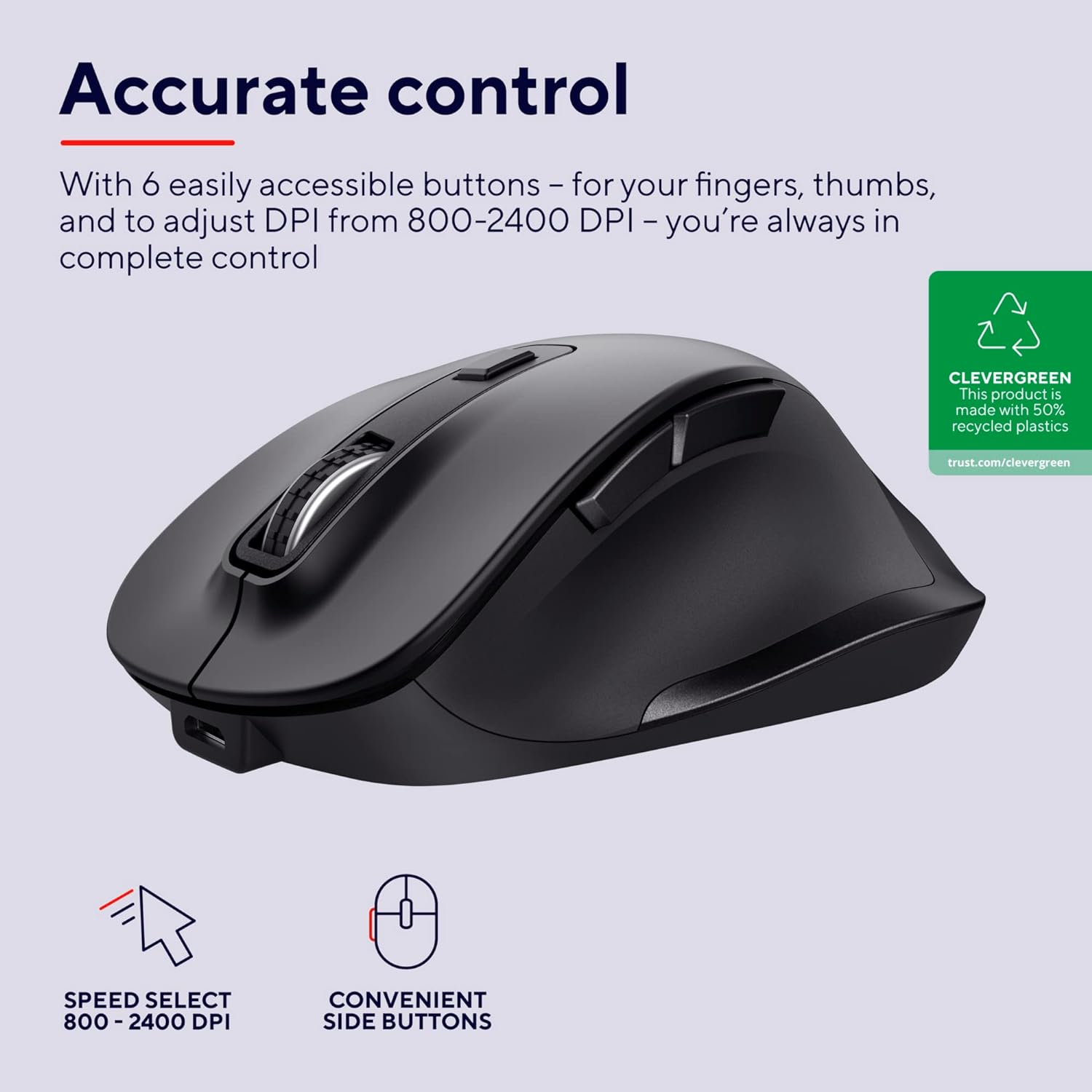 Trust Fyda Aufladbare Kabellose Maus, Nachhaltiges Design, 800-2400 DPI, 6 Tasten, Daumen- und Fingerauflage, 2,4 GHz, Funkmaus mit USB-Empfänger, Ergonomische Maus für Laptop, PC, MacBook, Büro