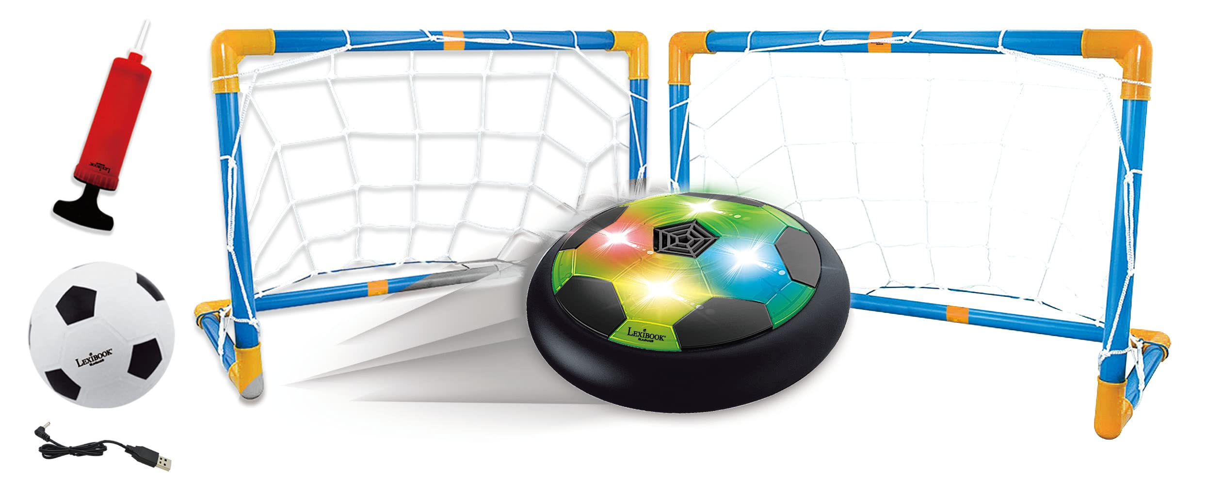 Lexibook, Aerofoot, Disco de fútbol aerodeslizador, 2 porterías, Bomba y balón Inflable incluidos, se desliza fácilmente, Efectos de luz, Bordes de Espuma antichoque, Recargable, JG981