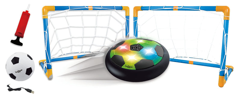 Lexibook, Aerofoot, Disco de fútbol aerodeslizador, 2 porterías, Bomba y balón Inflable incluidos, se desliza fácilmente, Efectos de luz, Bordes de Espuma antichoque, Recargable, JG981