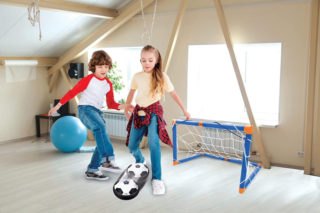 Lexibook, Aerofoot, Disco de fútbol aerodeslizador, 2 porterías, Bomba y balón Inflable incluidos, se desliza fácilmente, Efectos de luz, Bordes de Espuma antichoque, Recargable, JG981