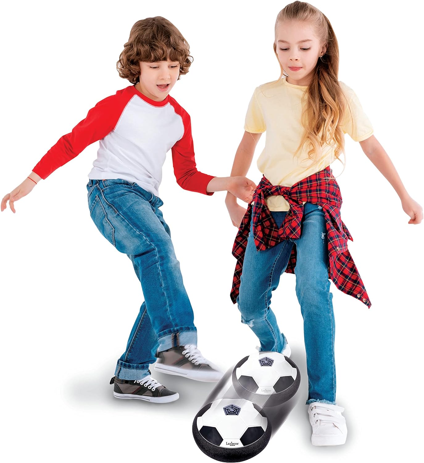 Lexibook, Aerofoot, Disco de fútbol aerodeslizador, 2 porterías, Bomba y balón Inflable incluidos, se desliza fácilmente, Efectos de luz, Bordes de Espuma antichoque, Recargable, JG981