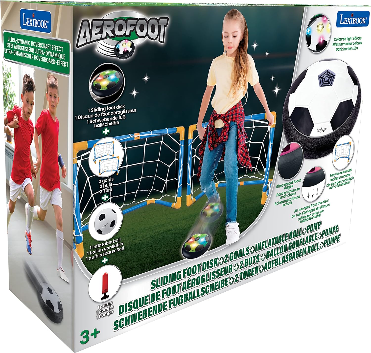 Lexibook, Aerofoot, Disco de fútbol aerodeslizador, 2 porterías, Bomba y balón Inflable incluidos, se desliza fácilmente, Efectos de luz, Bordes de Espuma antichoque, Recargable, JG981