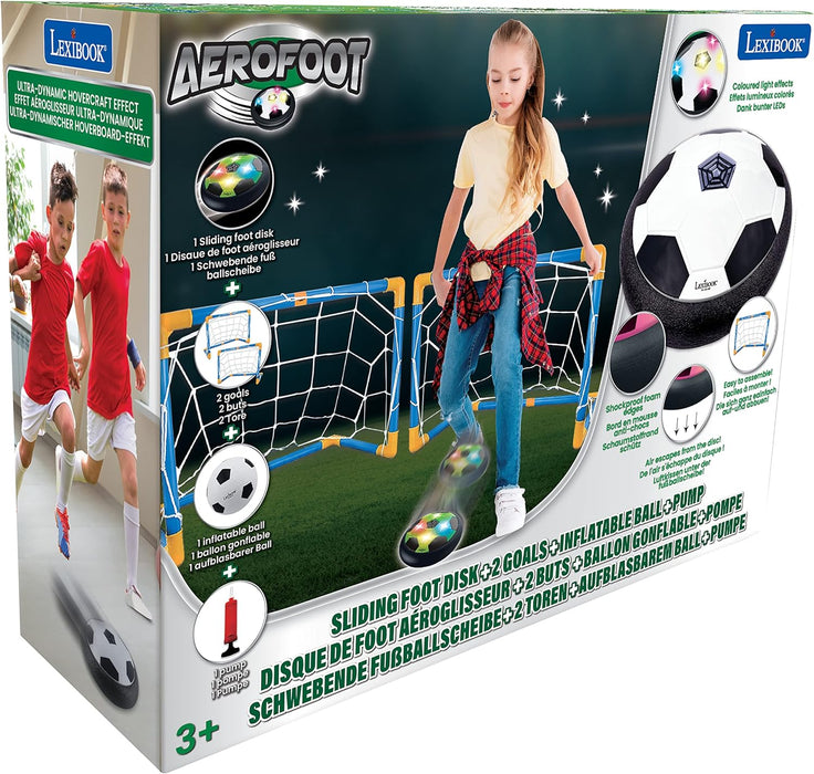 Lexibook, Aerofoot, Disco de fútbol aerodeslizador, 2 porterías, Bomba y balón Inflable incluidos, se desliza fácilmente, Efectos de luz, Bordes de Espuma antichoque, Recargable, JG981