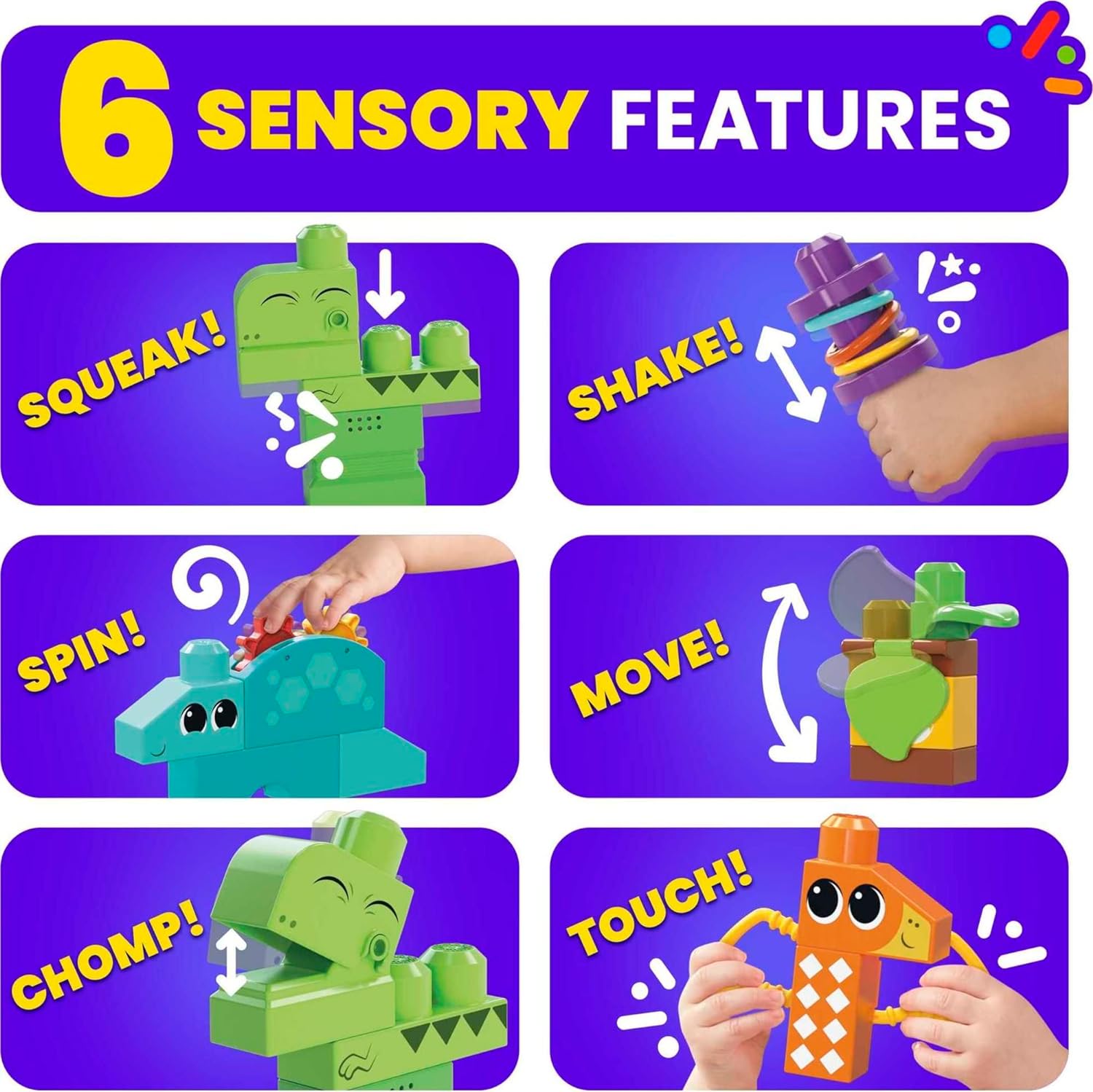 MEGA BLOKS Fisher-Price Sensory Building Toy, Squeak n Chomp Dinos with 24 Pieces, T-Rex, Toddler Blocks Gift Ideas for Kids Age 1+ Years, HKN43 24 pieces Dinos