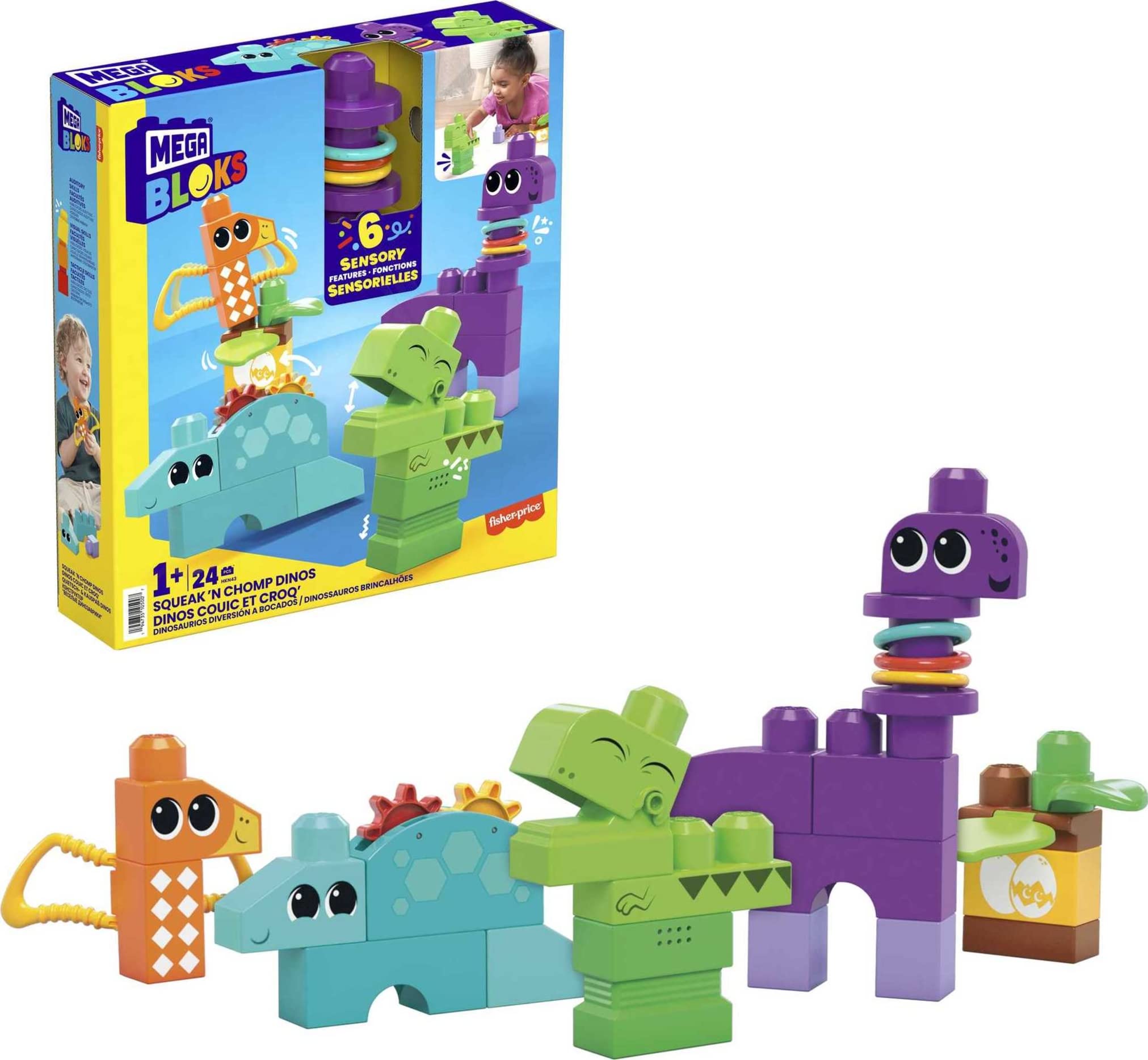 MEGA BLOKS Fisher-Price Sensory Building Toy, Squeak n Chomp Dinos with 24 Pieces, T-Rex, Toddler Blocks Gift Ideas for Kids Age 1+ Years, HKN43 24 pieces Dinos