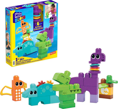 MEGA BLOKS Fisher-Price Sensory Building Toy, Squeak n Chomp Dinos with 24 Pieces, T-Rex, Toddler Blocks Gift Ideas for Kids Age 1+ Years, HKN43 24 pieces Dinos