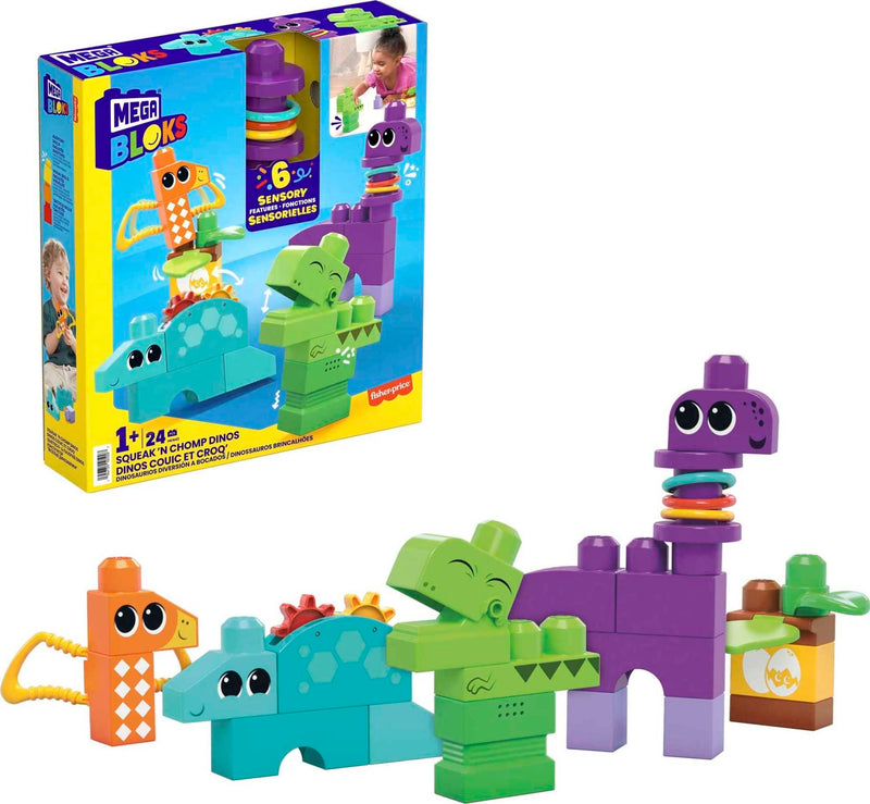 MEGA BLOKS Fisher-Price Sensory Building Toy, Squeak n Chomp Dinos with 24 Pieces, T-Rex, Toddler Blocks Gift Ideas for Kids Age 1+ Years, HKN43 24 pieces Dinos
