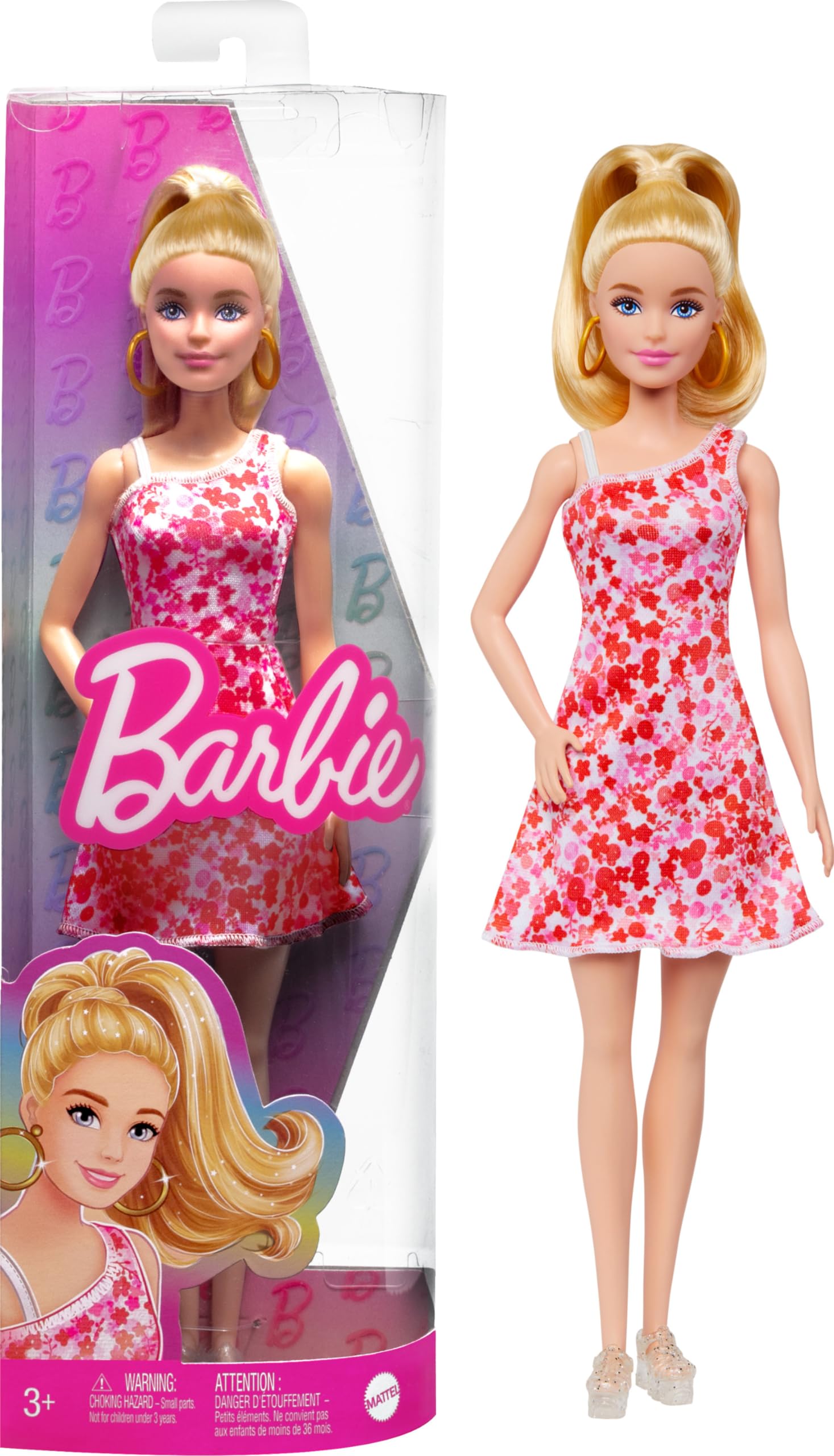 Barbie Fashionista Vestido Rosa Flores Muñeca Rubia con Conjunto de Moda y Accesorios, Juguete +3 años (Mattel HJT02