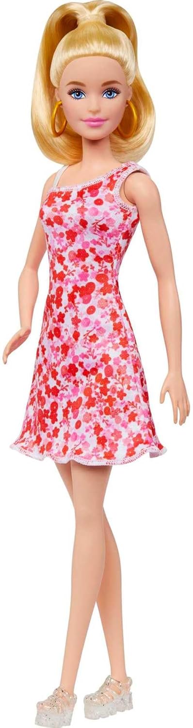Barbie Fashionista Vestido Rosa Flores Muñeca Rubia con Conjunto de Moda y Accesorios, Juguete +3 años (Mattel HJT02