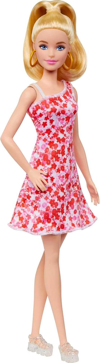 Barbie Fashionista Vestido Rosa Flores Muñeca Rubia con Conjunto de Moda y Accesorios, Juguete +3 años (Mattel HJT02