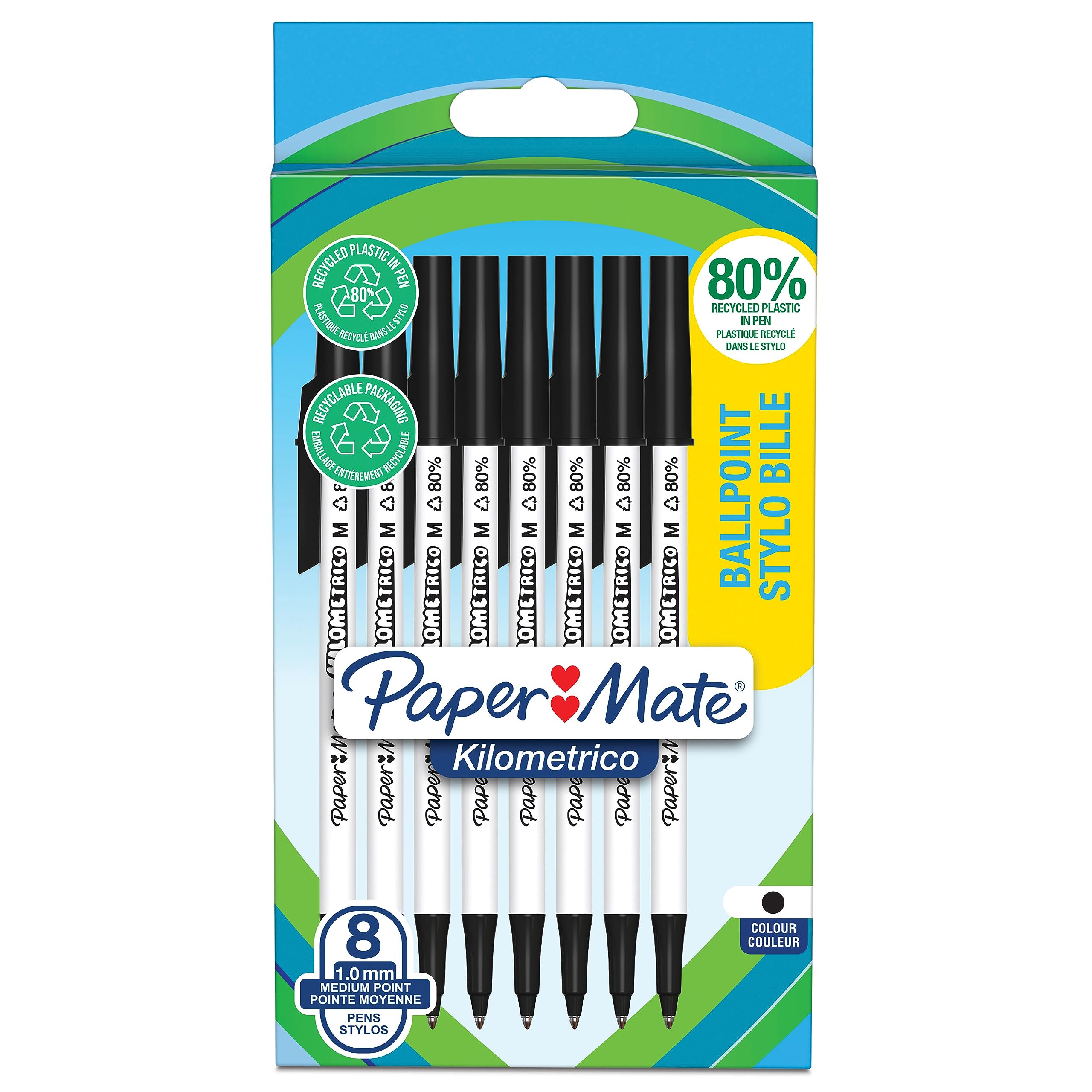Paper Mate Kilometrico Ballpoint Pens | Long Writing with Medium Point (1.0mm) | Black Ink | 80% Recycled Plastic | 8 Count