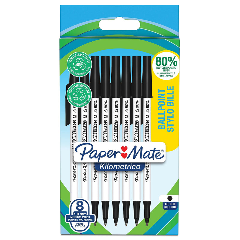Paper Mate Kilometrico Ballpoint Pens | Long Writing with Medium Point (1.0mm) | Black Ink | 80% Recycled Plastic | 8 Count
