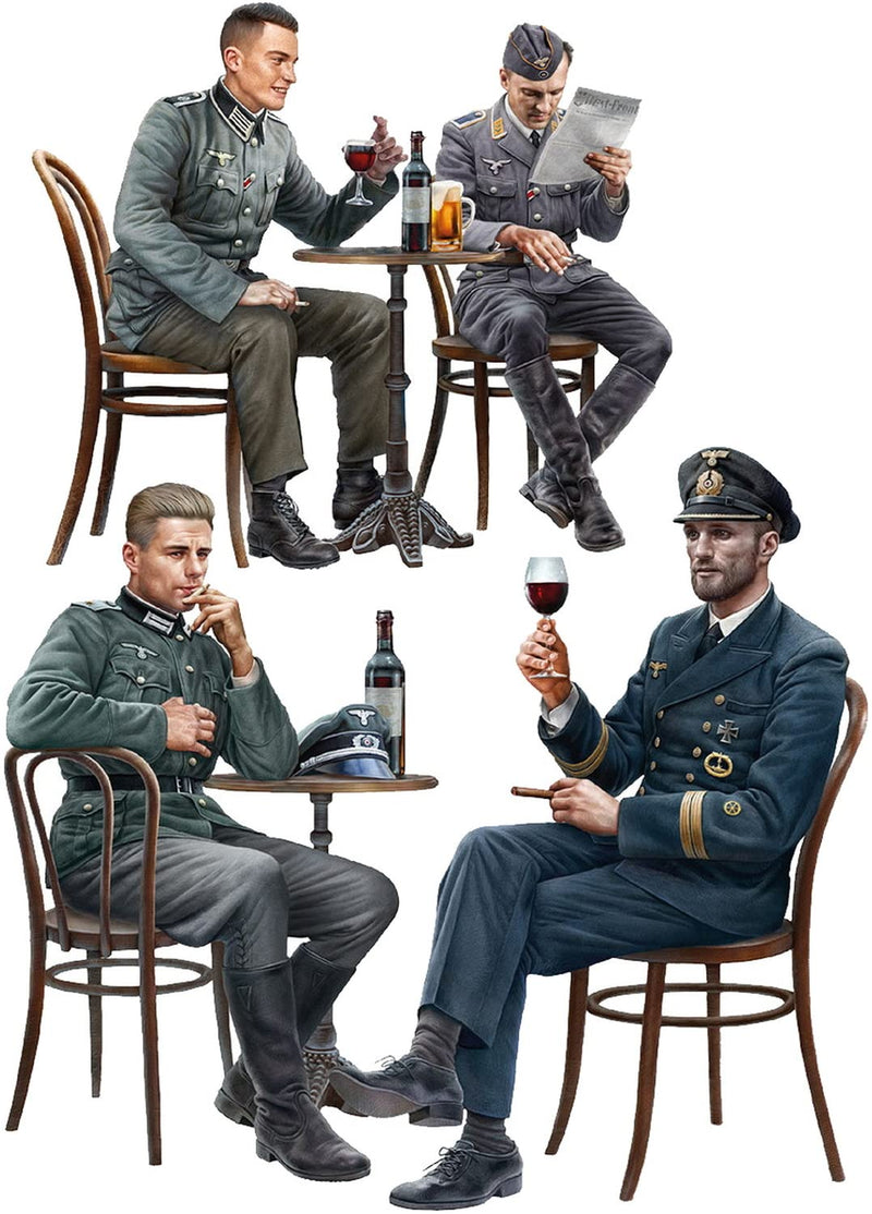 MiniArt-Ejército 35396 1:35 Fig. Dt. Soldados en la cafetería (4) -réplica fiel, kit de construcción de plástico, manualidades, aficiones, pegar, maqueta, montaje, sin pintar, color moldeado (Mini Art