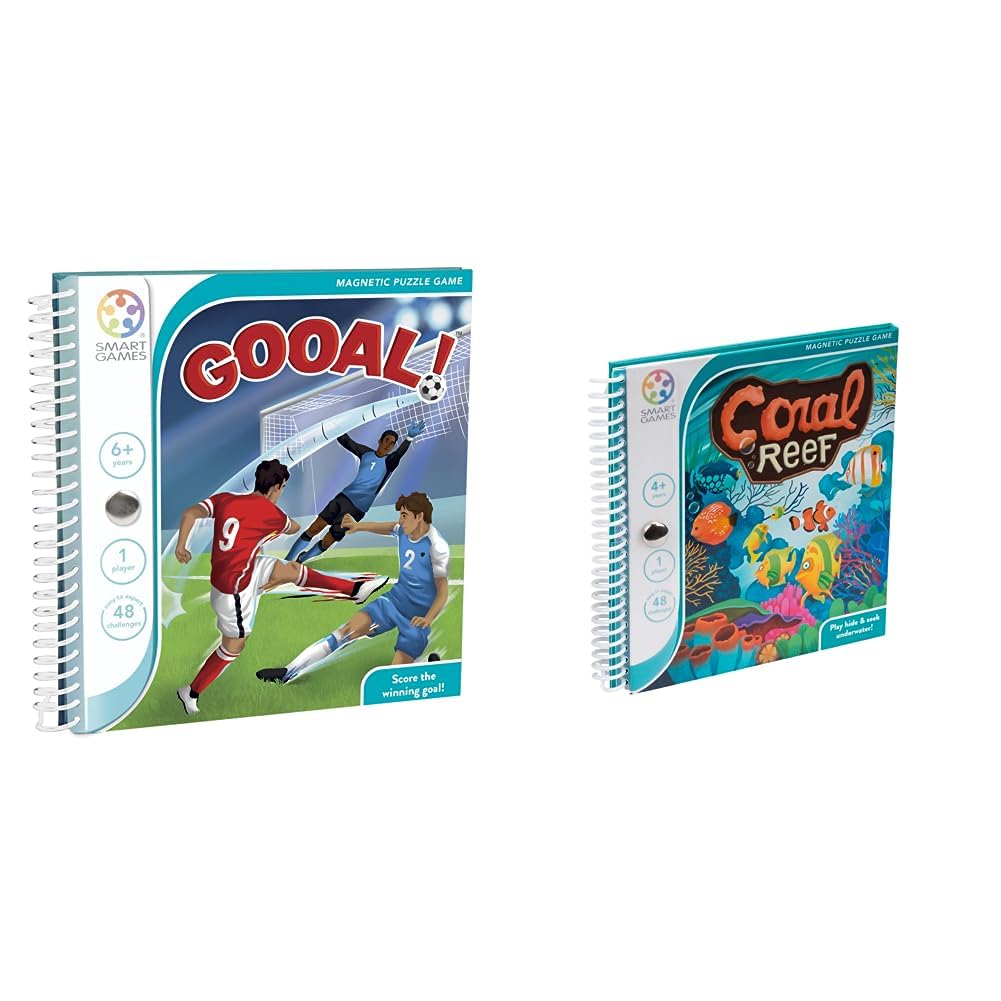 SmartGames - Gooal!, Magnetic Puzzle Game with 48 Challenges, 6+ Years & SmartGames - Coral Reef, Magnetic Puzzle Game with 48 Challenges, 4+ Years + BOARD_GAME,SGT 221-8