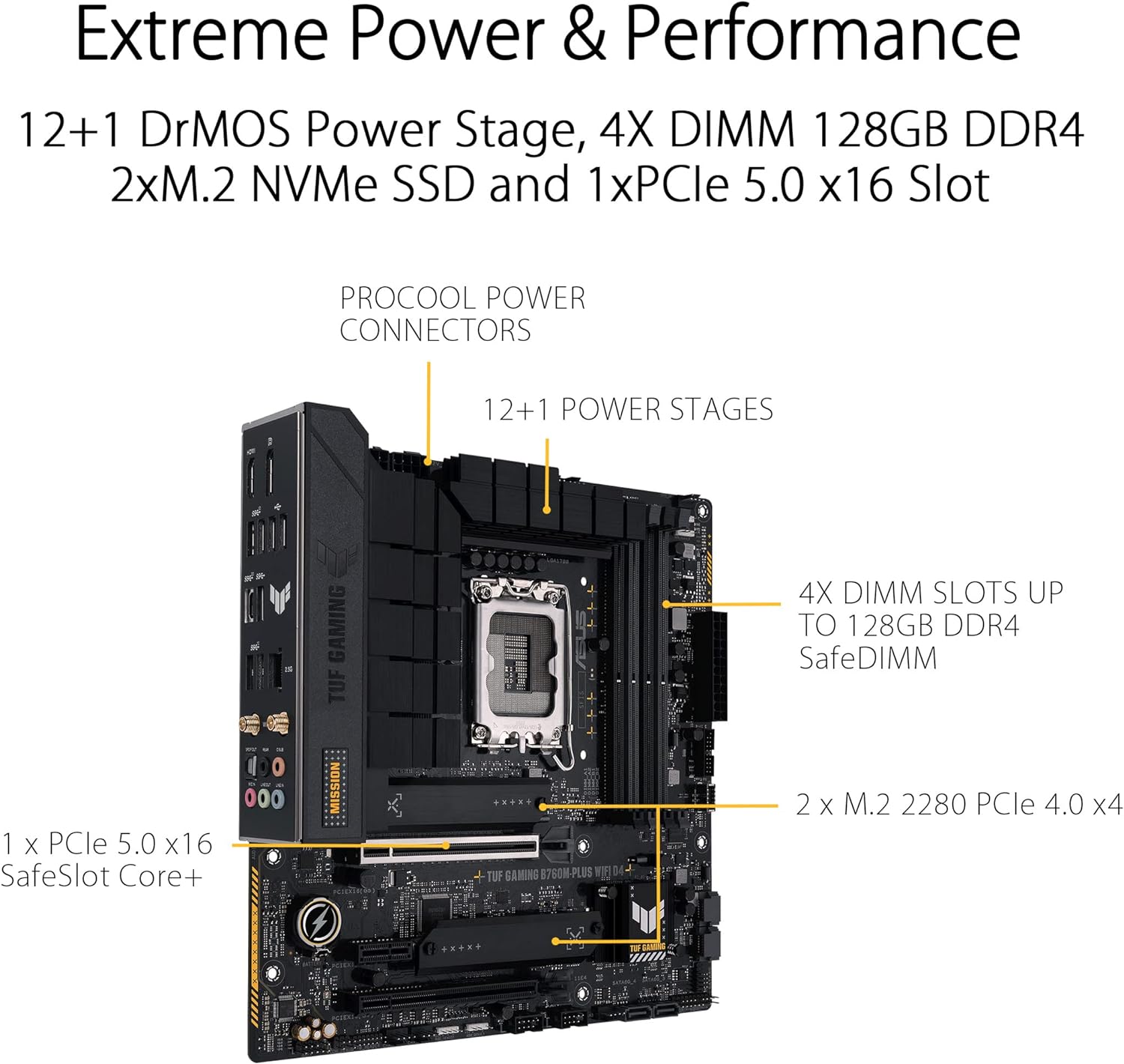 ASUS TUF Gaming B760M-PLUS WiFi D4, Intel LGA 1700, 4 x DIMM DDR4, 1 x Display Port, 1 x HDMI Port ATX Intel B760 PLUS WIFI D4