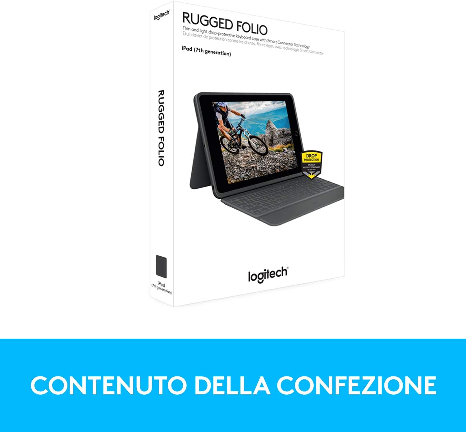 Logitech Rugged Folio for iPad (7th, 8th, & 9th generation) Protective Keyboard Case, QWERTY Italian Layout - Graphite