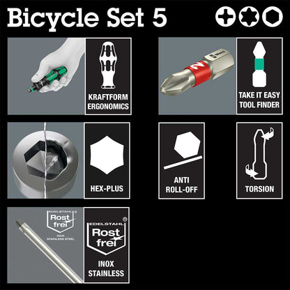Wera 05004185001 Bicycle Set 5, Stubbi Bit-Handhalter mit Ratschenfunktion, 8-teilig