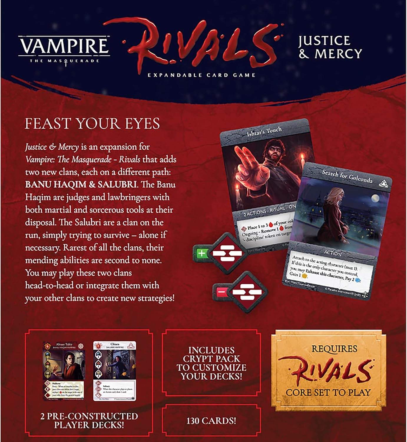 Renegade Game Studios | Vampire: The Masquerade Rivals - Justice & Mercy | Card Game | Ages 14+ | 2-4 Players | 30-70 Minutes Playing Time