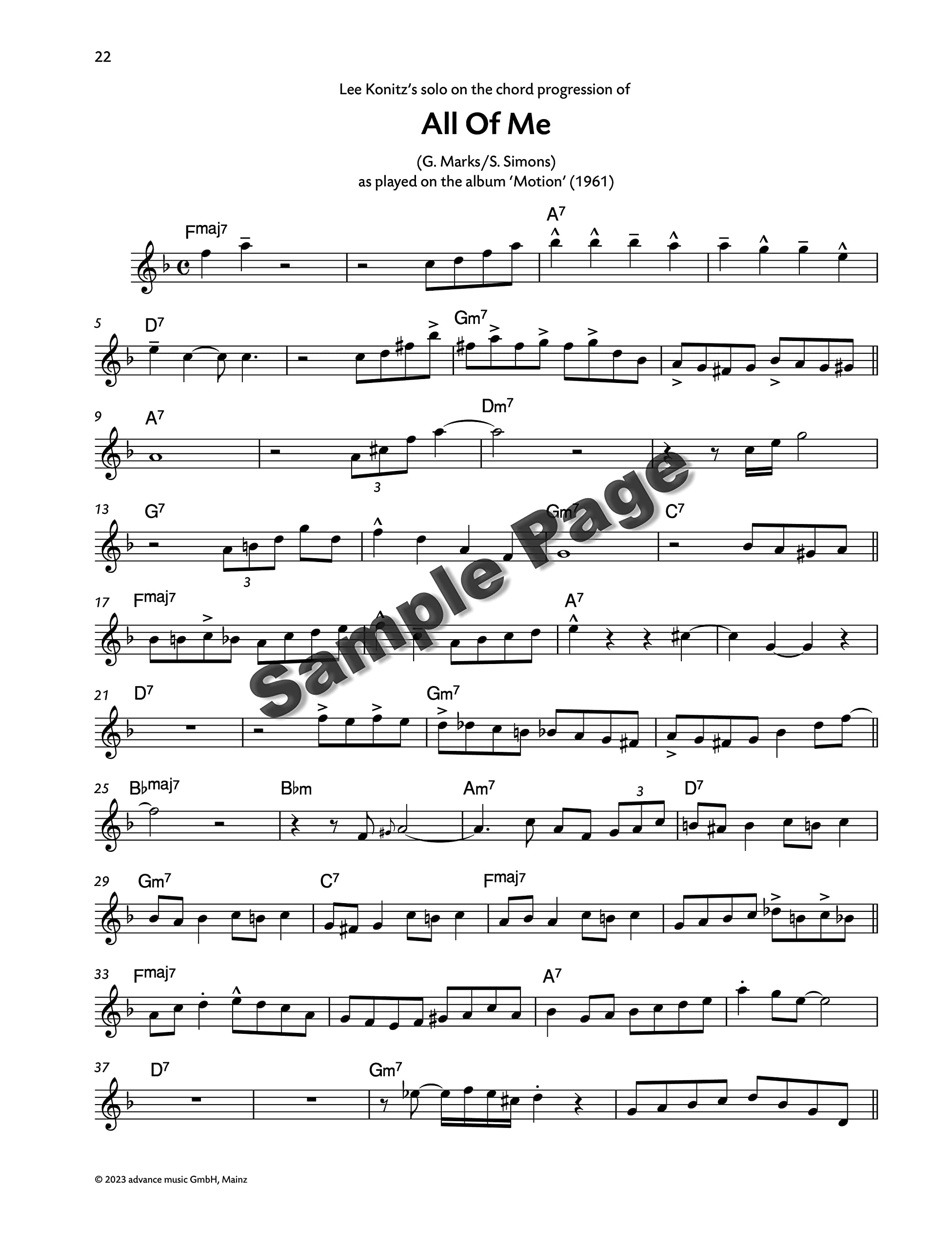 Lee Konitz - Solo Transcriptions for Alto Saxophone - Alto Saxophone Sheet Music - Advance Music (ADV 7161): Solo Transcriptions for Alto Saxophone. alto saxophone. Recueil de pièces instrumentales.