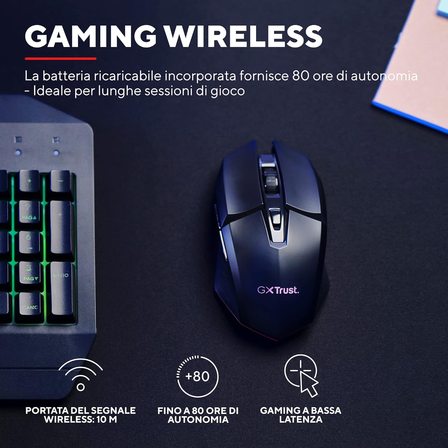 Trust Gaming GXT 110 Felox Rechargeable Wireless Gaming Mouse, 80h Playtime, 800-4800 DPI, Multicolour LED Lighting, 6 Buttons, RGB Computer Mouse for PC, Laptop, Windows