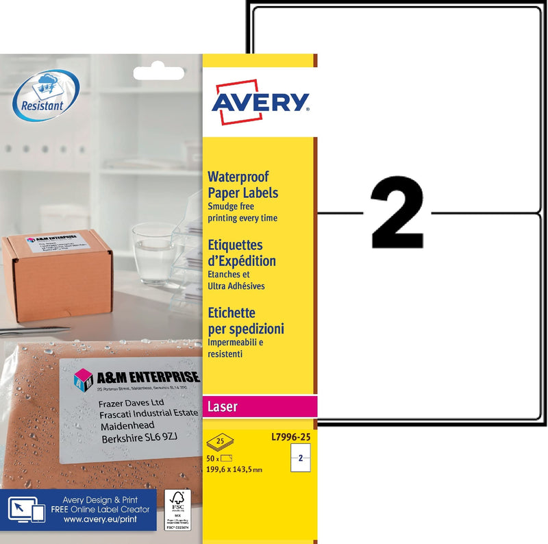 Avery Self Adhesive Waterproof Parcel Mailing Labels, Laser Printers, 2 Labels per A4 Sheet, 50 Labels, Weatherproof (SKU), White,199.6 x 143.5
