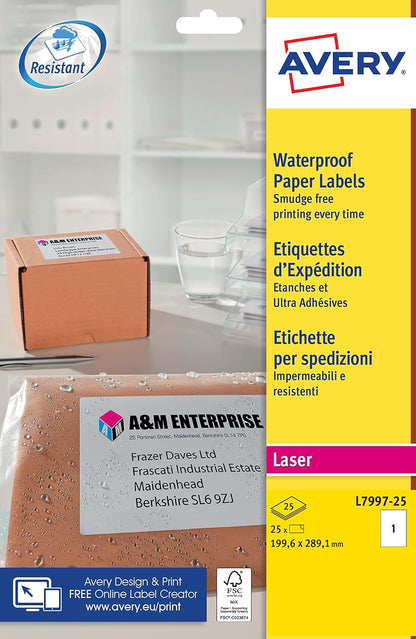 Avery Self Adhesive Waterproof Parcel Mailing Labels, Laser Printers, 1 Labels per A4 Sheet, 25 Sheets, Weatherproof L7997-25, White,199.6 x 289.1