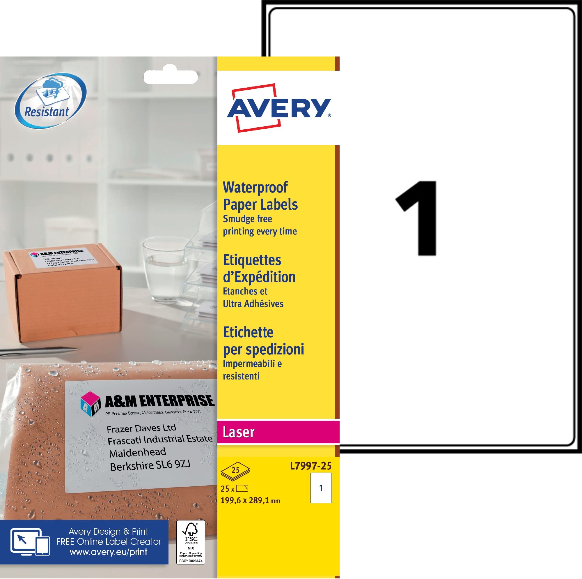 Avery Self Adhesive Waterproof Parcel Mailing Labels, Laser Printers, 1 Labels per A4 Sheet, 25 Sheets, Weatherproof L7997-25, White,199.6 x 289.1