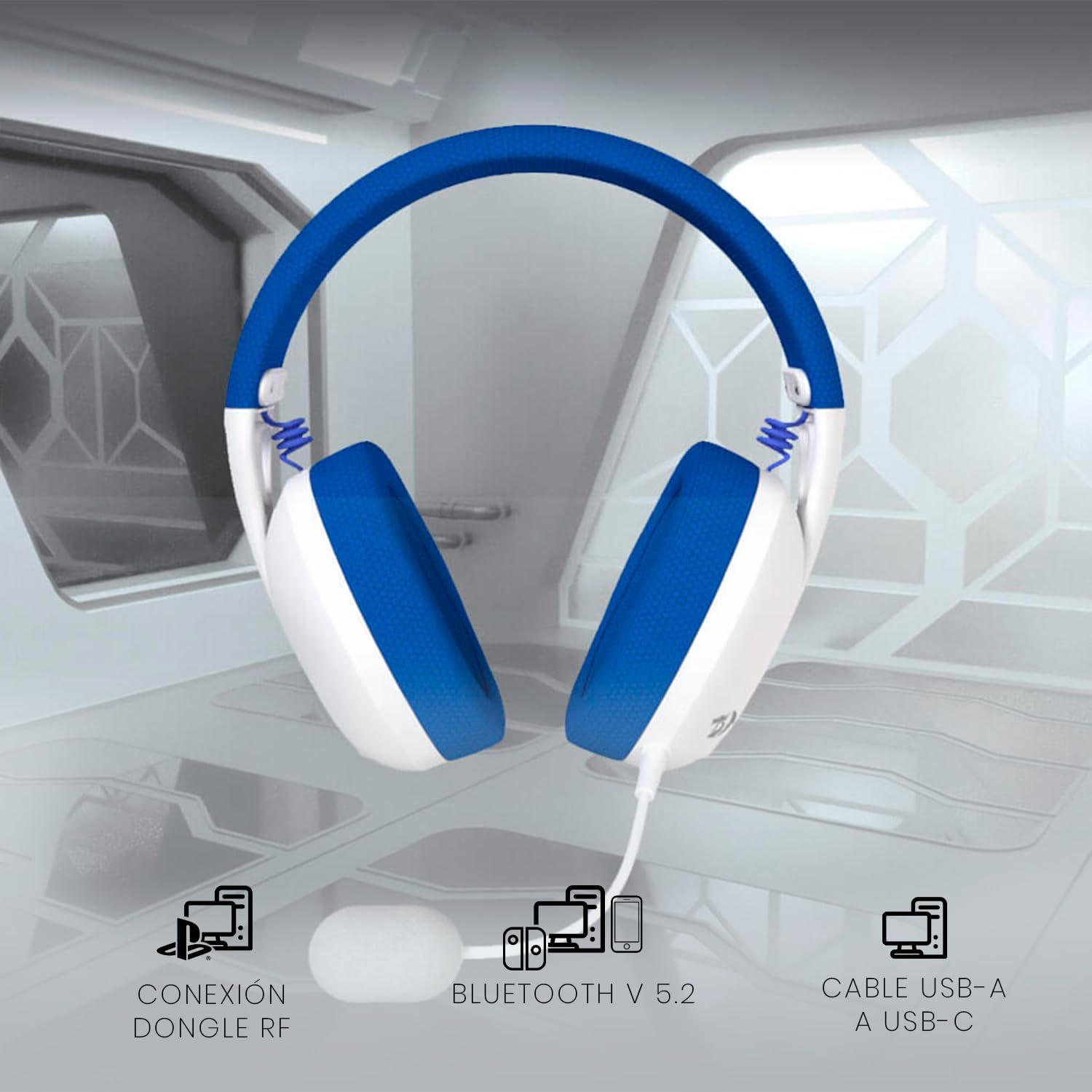 Redragon IRE White/Blue H848B Wireless Bluetooth Headphones with USB Dongle, Ultralight 180g, Detachable Mic, PC, Console, Mobile