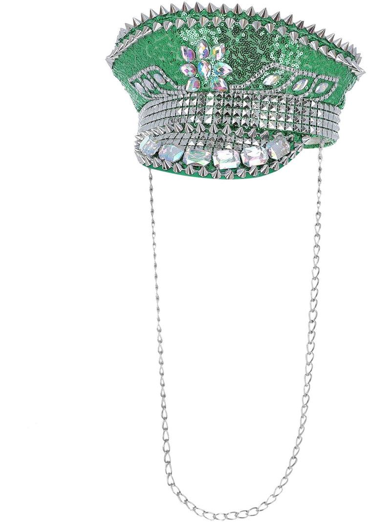 Smiffys Fever Deluxe Sequin Studded Captains Hat, Green