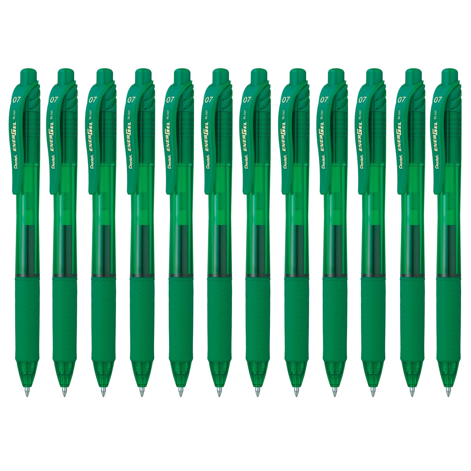 Pentel EnerGel BL107-D Gel Ink Roller Ball Pen with Click Top Stroke, 0.35 mm - Green (Pack of 12