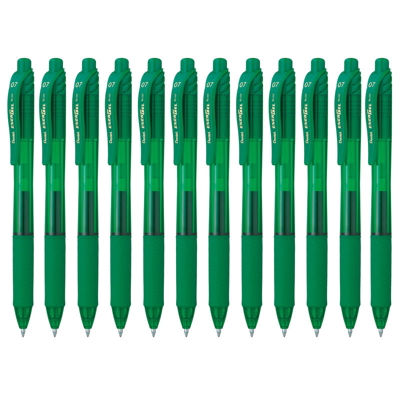 Pentel EnerGel BL107-D Gel Ink Roller Ball Pen with Click Top Stroke, 0.35 mm - Green (Pack of 12