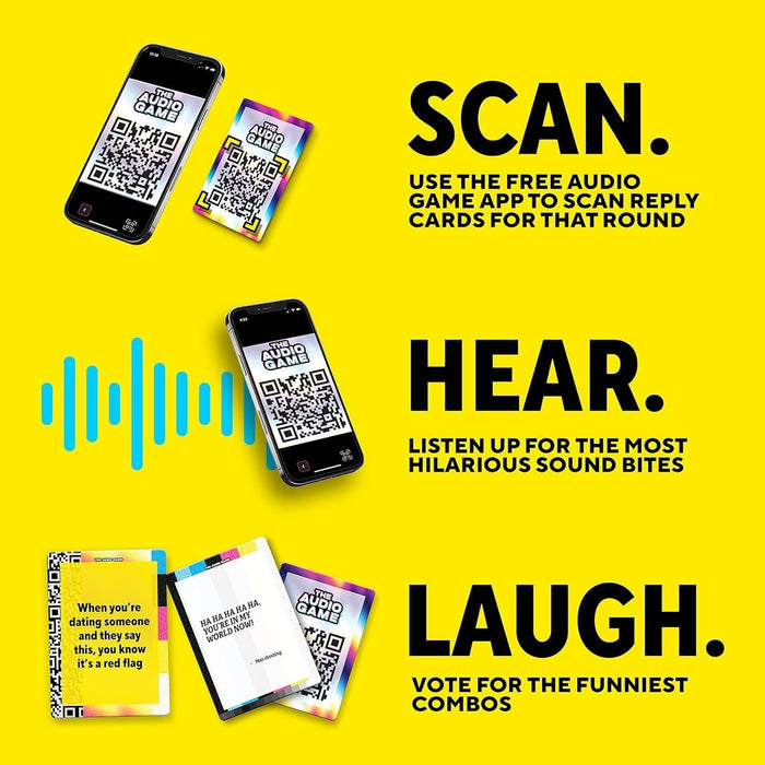 The Audio Game | The Game Where You Pair Hilarious Sound Bites with Raunchy Setup Cards | Play with Social Media's Funniest Sound Bites | 2-8 Players, Ages 17+