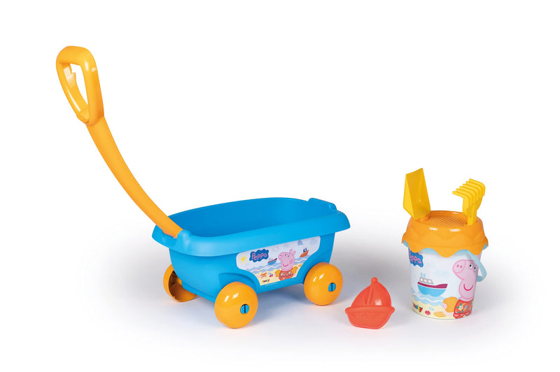 SMOBY - PEPPA PIG Chariot de plage garni : seau + tamis + pelle + râteau + moule a sable