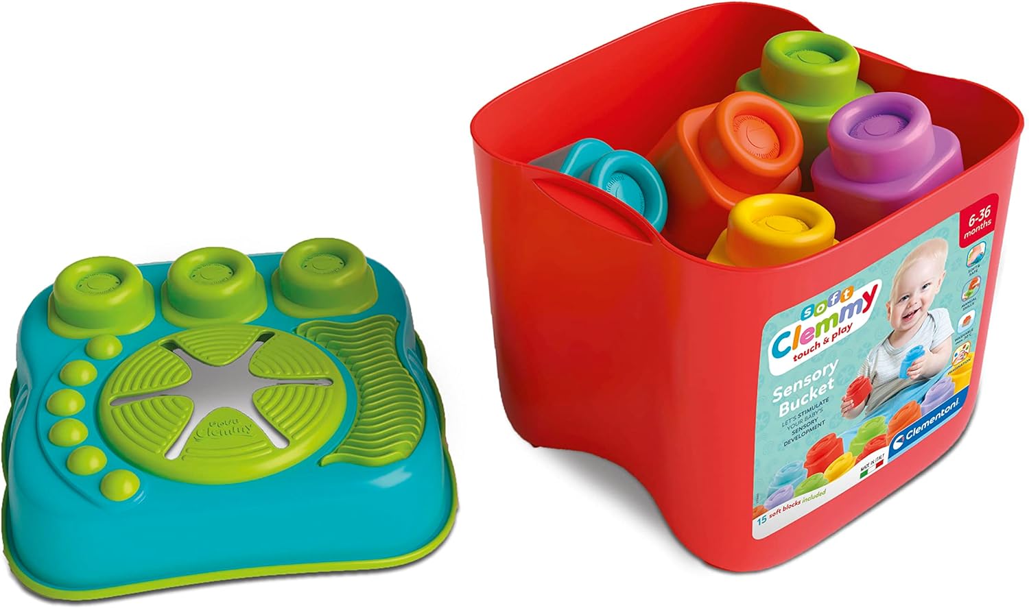 Clementoni 17807 Sensory Bucket, Clemmy Soft Blocks for 6 Months, Building Bricks Washable, Construction Kids, Early Development & Activity Toys, Made in Italy, multi-color