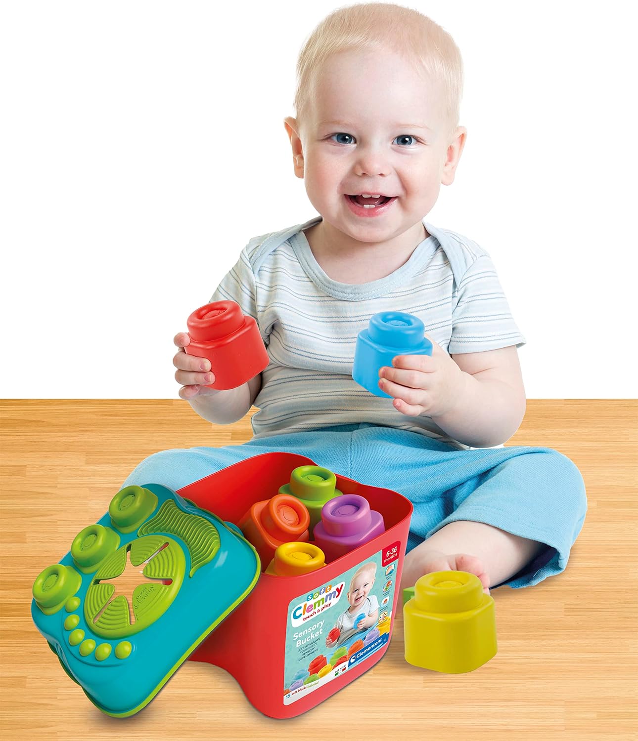 Clementoni 17807 Sensory Bucket, Clemmy Soft Blocks for 6 Months, Building Bricks Washable, Construction Kids, Early Development & Activity Toys, Made in Italy, multi-color
