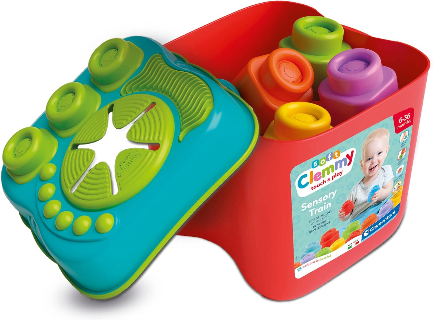 Clementoni 17807 Sensory Bucket, Clemmy Soft Blocks for 6 Months, Building Bricks Washable, Construction Kids, Early Development & Activity Toys, Made in Italy, multi-color