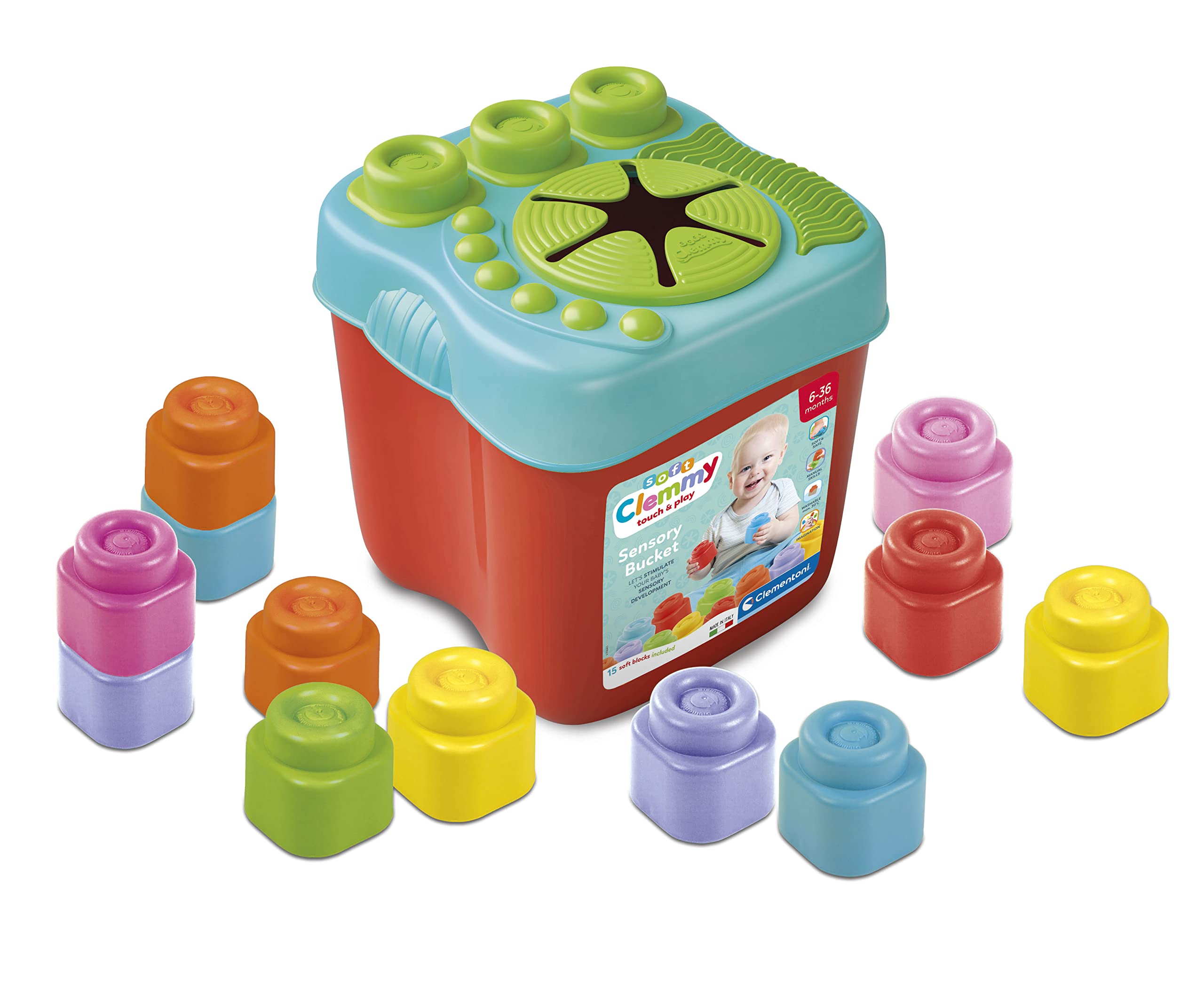 Clementoni 17807 Sensory Bucket, Clemmy Soft Blocks for 6 Months, Building Bricks Washable, Construction Kids, Early Development & Activity Toys, Made in Italy, multi-color