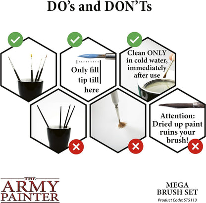 The Army Painter Wargames Mega Brush Set - 10 Miniature Paint Brushes Including Free Masterclass Kolinsky Sable Hair Brush and Detail Paint Brush with Fine Tip - Miniature Painting Kit for Wargamers