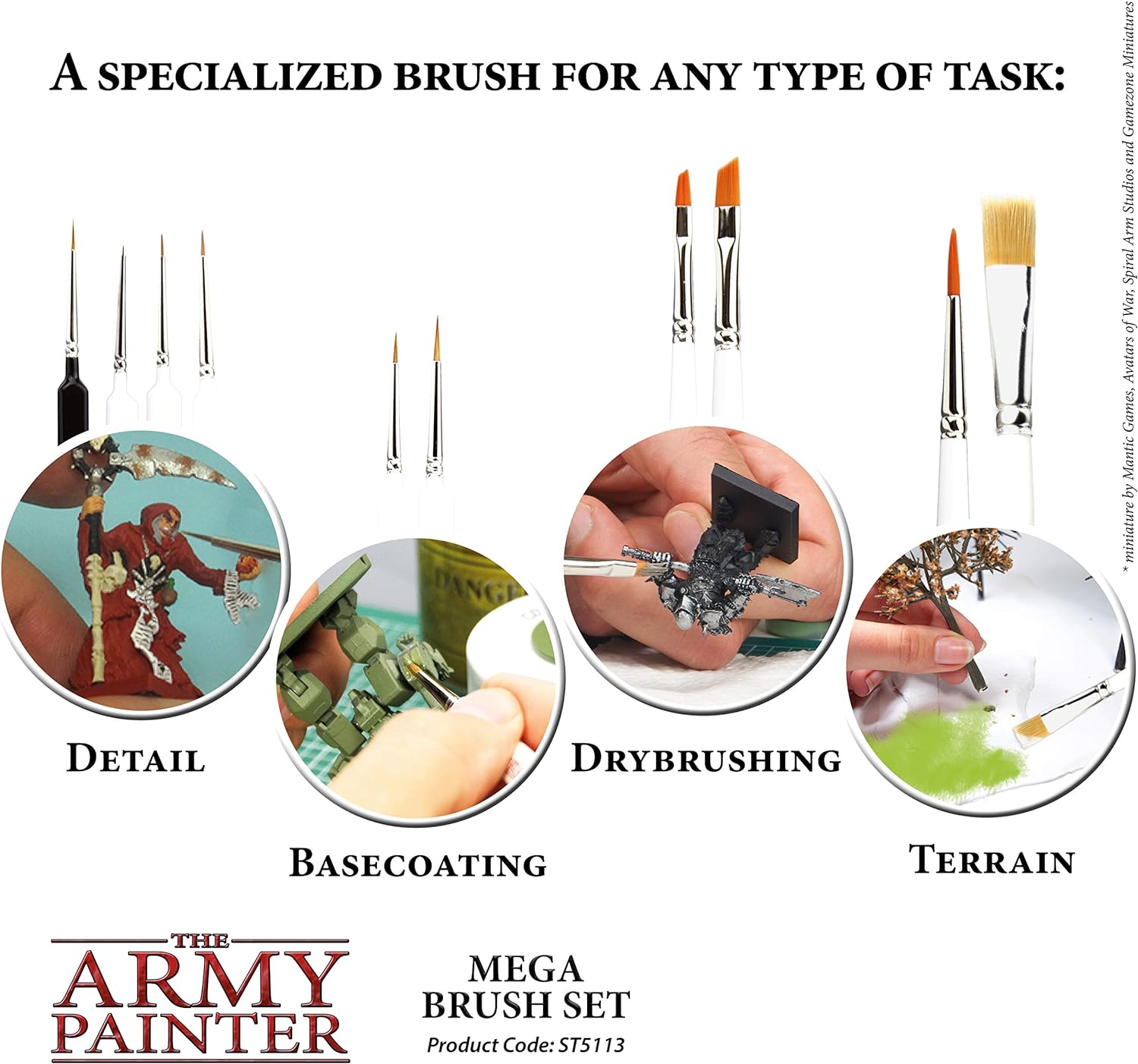 The Army Painter Wargames Mega Brush Set - 10 Miniature Paint Brushes Including Free Masterclass Kolinsky Sable Hair Brush and Detail Paint Brush with Fine Tip - Miniature Painting Kit for Wargamers