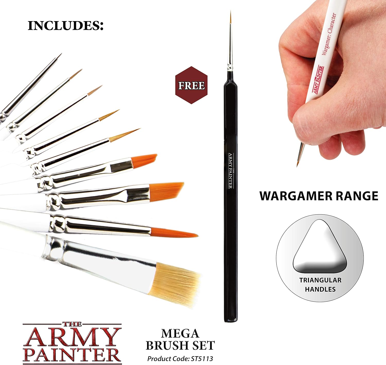 The Army Painter Wargames Mega Brush Set - 10 Miniature Paint Brushes Including Free Masterclass Kolinsky Sable Hair Brush and Detail Paint Brush with Fine Tip - Miniature Painting Kit for Wargamers