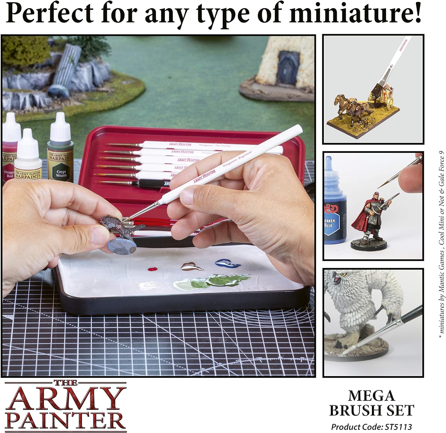 The Army Painter Wargames Mega Brush Set - 10 Miniature Paint Brushes Including Free Masterclass Kolinsky Sable Hair Brush and Detail Paint Brush with Fine Tip - Miniature Painting Kit for Wargamers