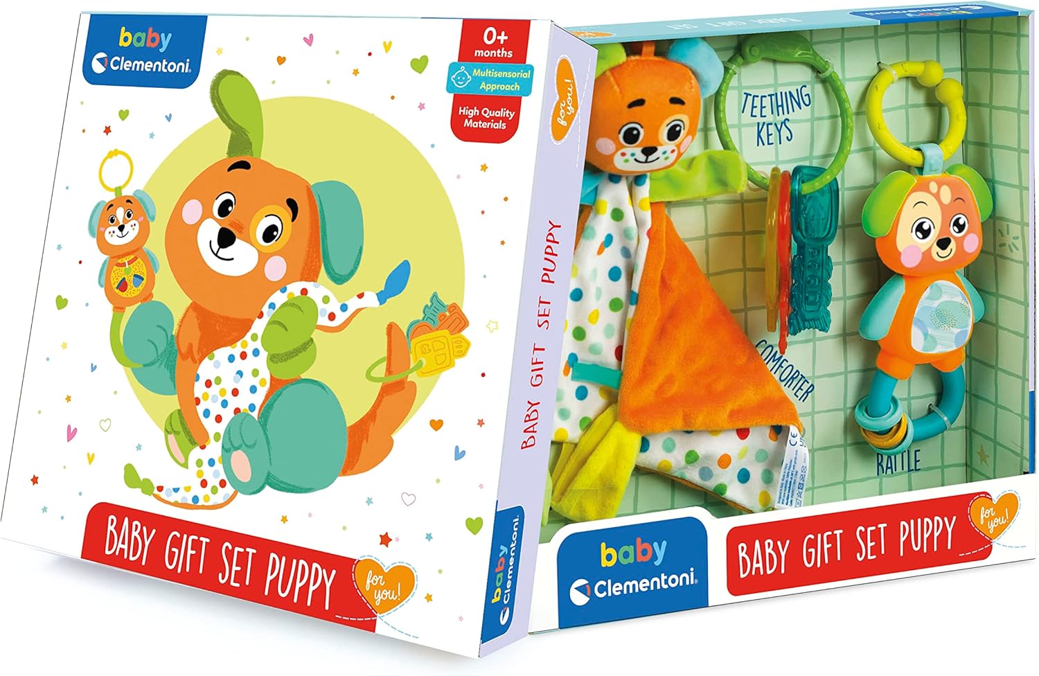 Clementoni- Baby Gift Set: Puppy Doudou, Chewy Keys & Rattle, Sensory Play for Newborns & Infants (0+ Months) Baby Gift Set - Puppy