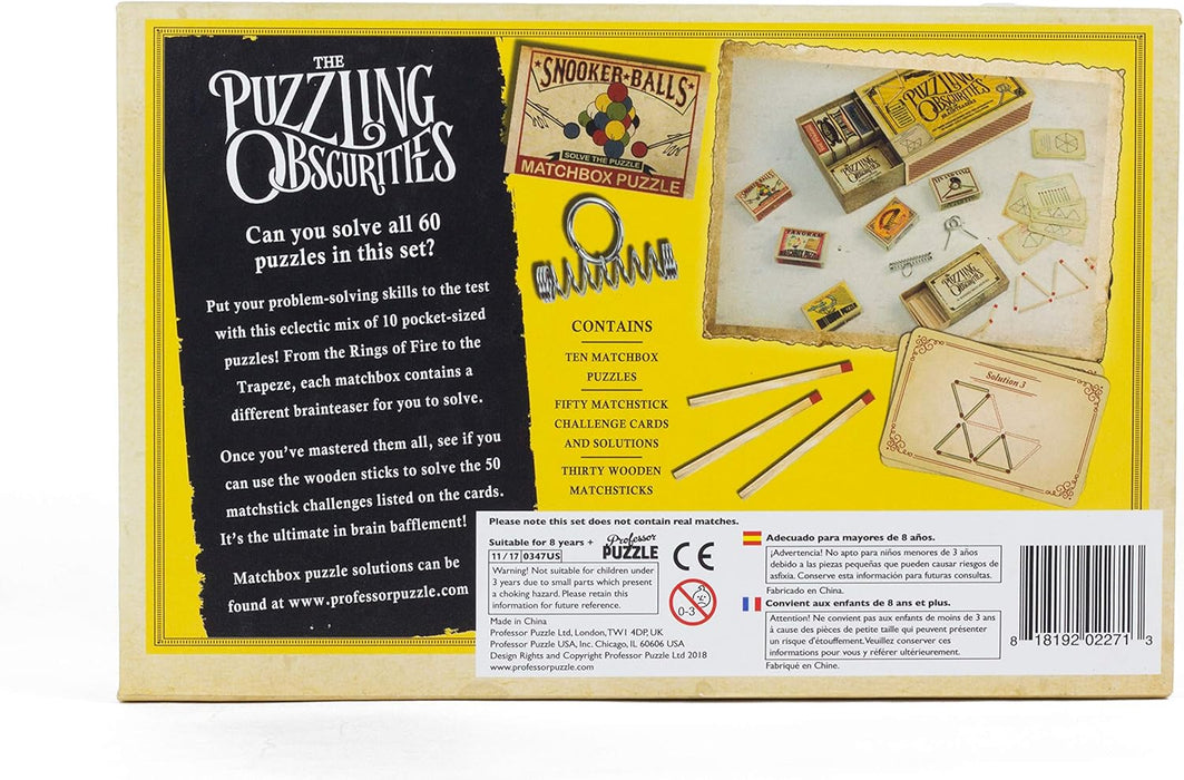 Professor Puzzle, Puzzling Obscurities Box of Brainteasers - 10 Unique Matchbox Puzzles & 50 Unique Brain Teasing Challenges