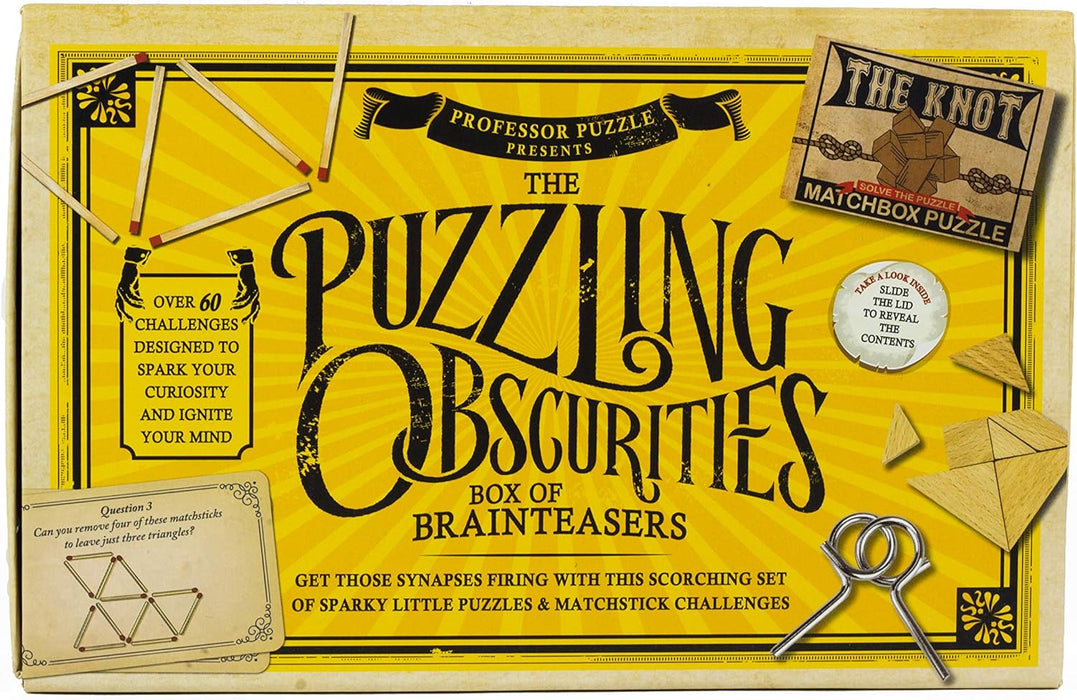 Professor Puzzle, Puzzling Obscurities Box of Brainteasers - 10 Unique Matchbox Puzzles & 50 Unique Brain Teasing Challenges