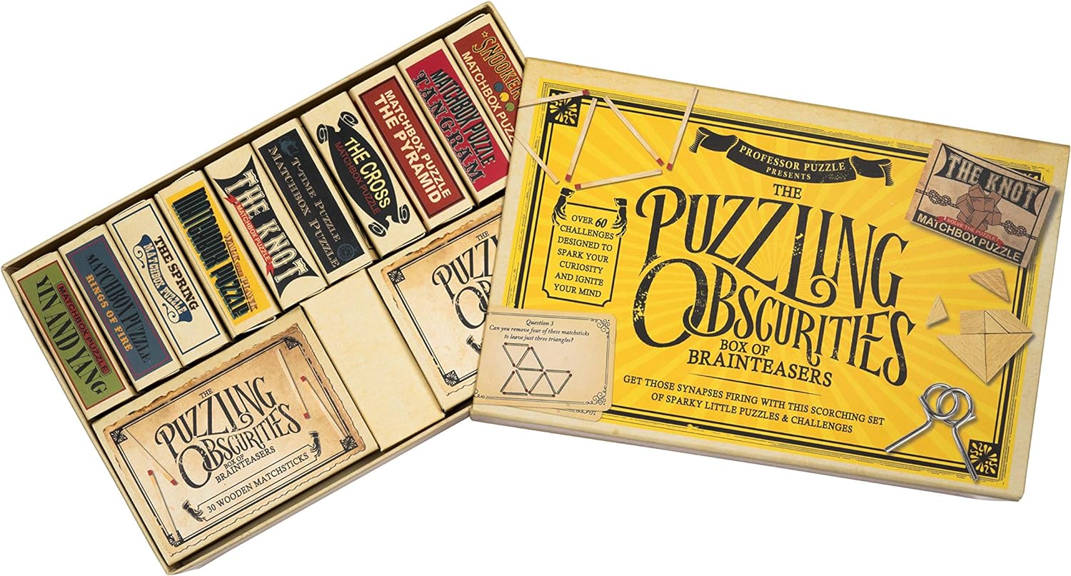 Professor Puzzle, Puzzling Obscurities Box of Brainteasers - 10 Unique Matchbox Puzzles & 50 Unique Brain Teasing Challenges