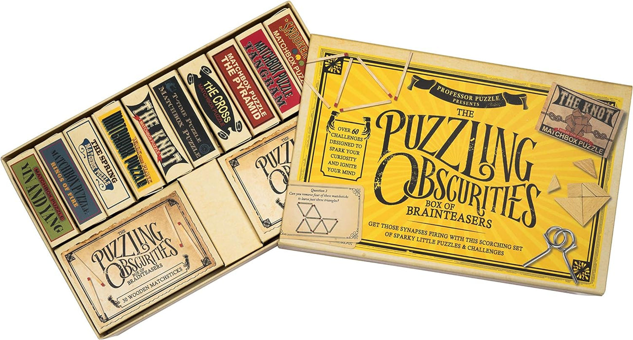 Professor Puzzle, Puzzling Obscurities Box of Brainteasers - 10 Unique Matchbox Puzzles & 50 Unique Brain Teasing Challenges